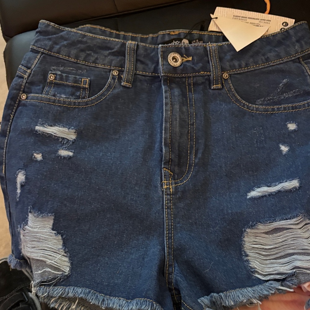 Boohoo Blue Distressed Jean Shorts